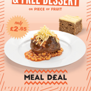 Jacket potato with two toppings & free dessert or piece of fruit